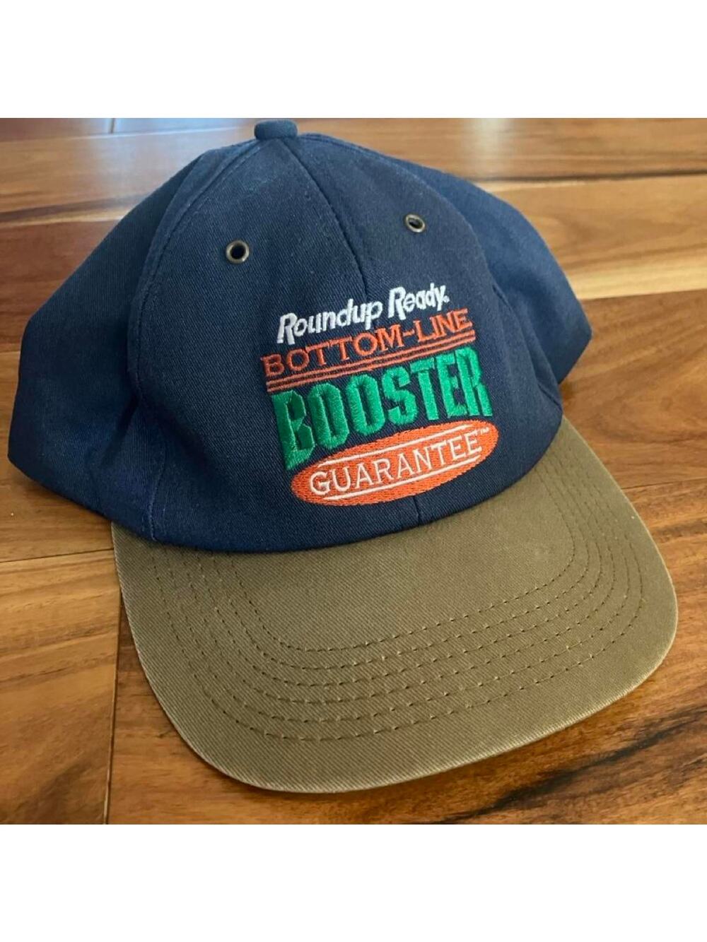Vintage Roundup ready bottom-line booster guarantee Snap Back Hat Navy Blue Farm
